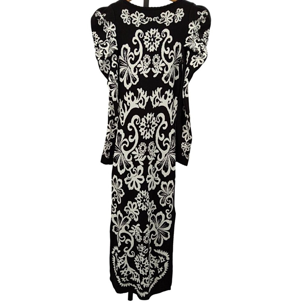 Farm Rio Cashew Mandala Knit Long Puff Sleeve Midi Dress in Black Size XXS New - Picture 4 of 6